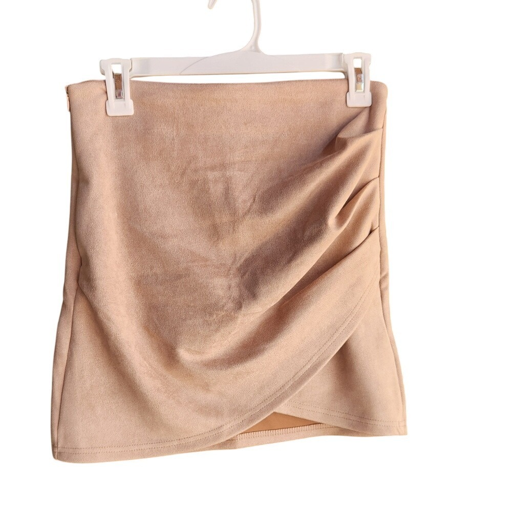 Ruched Mini Skirt Bodycon Faux Suede Party Cocktail Club Tan Beige, Medium size